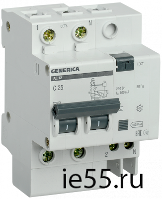 Диф.автомат АД12 2Р 25А 100мА GENERICA